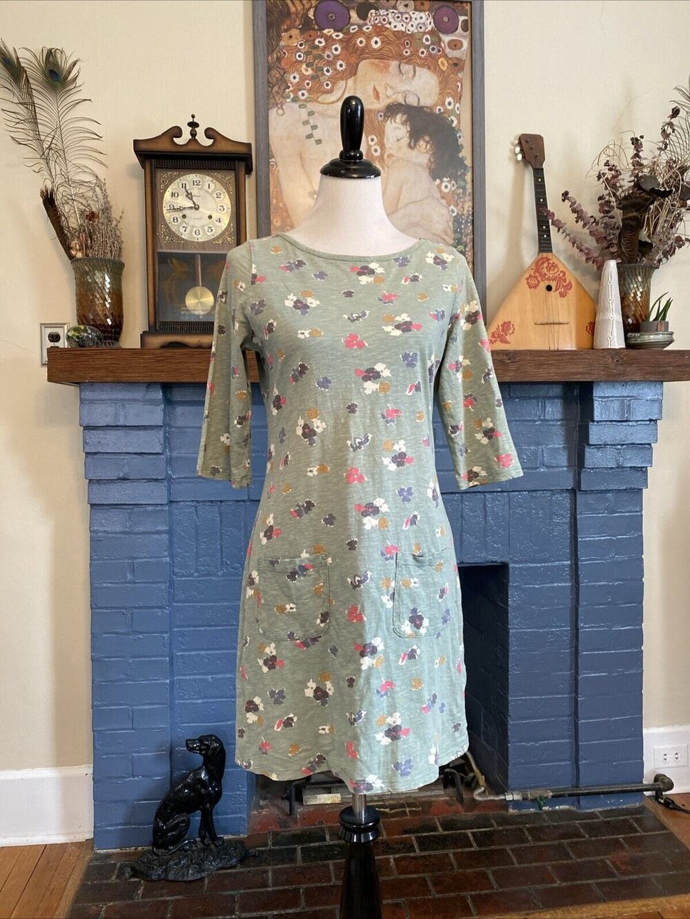 BODEN Sz 6 Tunic Dress 3/4 Sleeve Jersey Cotton Knit Floral Boho XS S Beachy